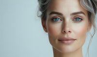 Close up portrait of mature woman with blue eyes and natural makeup showing glowing healthy skin and graceful aging against light background.