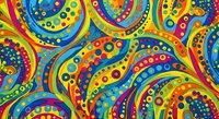 Vibrant psychedelic paisley pattern with swirling colorful shapes and dots on seamless background for textile design and creative projects.