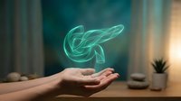 Glowing green energy swirl floating above open palm in modern interior. Concept of renewable power, sustainability, and eco-friendly technology solutions.