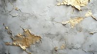 Weathered concrete wall with peeling paint and exposed patches showing rough texture and golden-tinted deteriorating surface layers in dramatic lighting.
