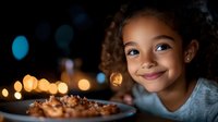 Young African American girl with curly hair smiling at birthday cake with glowing candles, warm bokeh lights creating magical evening atmosphere, childhood celebration moment.