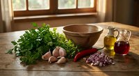 Fresh herbs parsley garlic red chili pepper onions olive oil vinegar wooden bowl rustic kitchen table cooking ingredients natural sunlight culinary preparation.