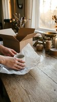 Hands carefully unpacking ceramic pottery from cardboard box with protective tissue paper on rustic wooden table in warm sunlit room for home decor.