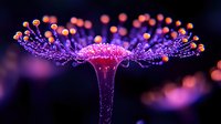 Glowing purple mushroom with dewdrops in dark macro photography. Magical forest atmosphere with pink and orange bokeh lights creating dreamy nature background.
