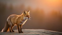 Red fox standing on rocky ledge during golden hour sunset with warm orange light creating dramatic wildlife portrait for nature photography.