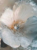 Delicate white flower petals covered in frozen ice crystals and water droplets create ethereal winter macro photography art, capturing nature's fleeting beauty in frost.