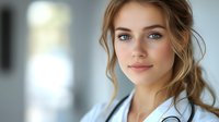 Young Caucasian woman with natural makeup, blue eyes and light brown hair styled in loose updo wearing white blouse smiles warmly against soft blurred background.