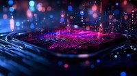 Futuristic digital cityscape with glowing pink and blue lights emerging from dark surface, creating abstract urban technology landscape with bokeh effects.