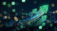 Digital business growth concept with glowing green arrows and success text overlay on dark bokeh background for corporate presentations and marketing.
