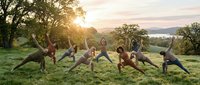Group of diverse people practicing yoga outdoors in park at sunset with trees and lake view for wellness and fitness lifestyle content.