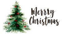 Watercolor Christmas tree with red ornaments and elegant hand-lettered "Merry Christmas" text on white background for holiday greeting cards and festive designs.