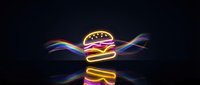 Glowing neon hamburger with colorful light trails on dark background for restaurant advertising and food delivery apps.