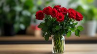 Fresh red roses arranged in clear glass vase on wooden table against blurred green background, romantic floral composition for Valentine's Day or anniversary celebration.