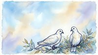 Pair of doves perched on olive branch with soft watercolor sky, symbolizing peace, love and harmony for wedding, greeting card and spiritual design projects.