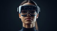 Young Asian woman wearing virtual reality headset with futuristic interface display, dark background with dramatic lighting for technology concept.