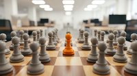 Orange chess pawn standing out among gray pawns on wooden board in office setting, symbolizing leadership, uniqueness, individuality, competitive advantage and standing out from crowd.