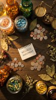 Wellness investment concept with colorful pills in glass jars, scattered coins, notebook and dried herbs on rustic wooden background for healthcare finance.