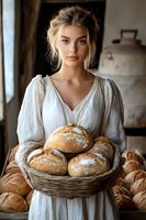 Young woman in white vintage dress holding wicker basket with freshly baked artisan bread loaves in rustic kitchen setting with natural window light.