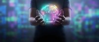 Businessman holding glowing digital sphere with network connections and data visualization in hands against colorful bokeh background for technology concepts.