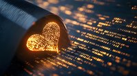 Glowing heart symbol illuminated through fiber optic cable against digital code background, representing connection between technology and human emotion.