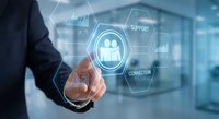 Businessman touching digital customer support interface with hexagonal network icons in modern office environment for business technology solutions.
