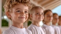 Diverse group of children in white t-shirts standing in line with confident smiles, representing unity, friendship and teamwork in educational or community setting.