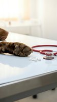 Dog paw on veterinary examination table with stethoscope and pills in modern clinic for pet healthcare and medical treatment concepts.
