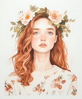 Young woman with ginger hair and freckles wearing floral crown and floral dress, dreamy expression against light background. Romantic watercolor style portrait.