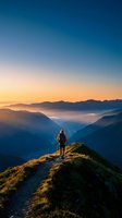 Hiker with backpack standing on mountain ridge at sunrise overlooking misty valley and distant peaks, golden light illuminating landscape for travel and adventure concepts.