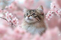 Fluffy long-haired cat with bright eyes surrounded by delicate pink cherry blossoms in spring, creating dreamy romantic atmosphere against soft blurred background.