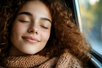 Young woman with curly hair relaxing with eyes closed by window wearing cozy sweater expressing peace and contentment in warm natural light.