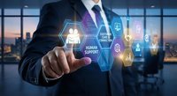 Professional businessman touching digital human resources interface with HR icons in modern office overlooking city skyline at sunset.