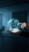 Caucasian male hand holding glowing digital globe with network connections, representing global technology, data connectivity, and worldwide business innovation in modern corporate environment.