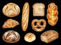 Assorted fresh baked bread loaves, rolls, croissants, and pastries isolated on transparent background. Ready for bakery designs, menus, packaging, t-shirts, and print-on-demand products.