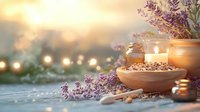 Aromatic lavender spa composition with sea salt, burning candles and dried flowers in warm sunset light creating peaceful wellness atmosphere.