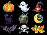 Halloween clipart set with pumpkin, ghost, witch hat, black cat, cauldron, moon, bat, skull, and candy corn, isolated on transparent background, ready for stickers and print on demand.