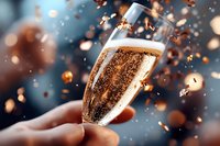 Champagne glass held in hand with golden bubbles and sparkles floating around it, celebrating special occasions, holidays, and festive moments with effervescent beverage.