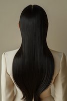 Back view of Asian woman with long straight black hair wearing white blazer against neutral background. Professional beauty and hair care concept.
