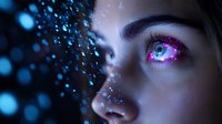 Futuristic close up of woman's eye with glowing pink and blue lights, digital technology concept with bokeh effects and sparkles against dark background.