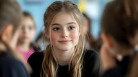 Young Caucasian girl with blonde hair and gentle smile in school environment surrounded by classmates, wearing black top, natural lighting creates warm atmosphere.