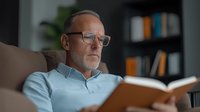Mature Caucasian man with glasses and gray hair reading book while relaxing on couch at home. Casual lifestyle portrait in soft natural lighting.