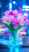 Pink tulips in crystal vase against neon city lights backdrop, creating dreamy atmosphere for romantic or urban lifestyle concepts.
