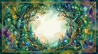Watercolor enchanted forest frame with glowing center, golden ornate border, magical trees and foliage in green and teal tones.