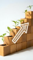 Wooden blocks arranged as ascending steps with green seedlings growing from soil, white arrow pointing upward symbolizing business growth and development.