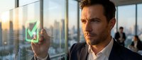 Confident businessman touching green checkmark hologram in modern office with city skyline view during golden hour meeting.