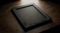 Black slate board frame on rustic wooden table surface for food presentation menu display restaurant kitchen culinary mockup template design.