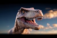 Fierce Tyrannosaurus Rex head close-up against dramatic sunset sky showing detailed teeth and textured skin of prehistoric apex predator dinosaur.