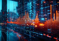 Financial data visualization with glowing orange and blue charts, digital graphs, and market analysis indicators on dark background with grid lines and reflection.