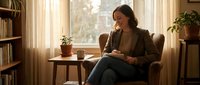 Young professional woman relaxing in cozy living room chair reading book by window with warm natural light streaming through curtains.