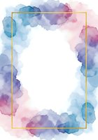 Watercolor border frame with blue, purple and pink ink splashes and gold rectangle, white center space for text or design.